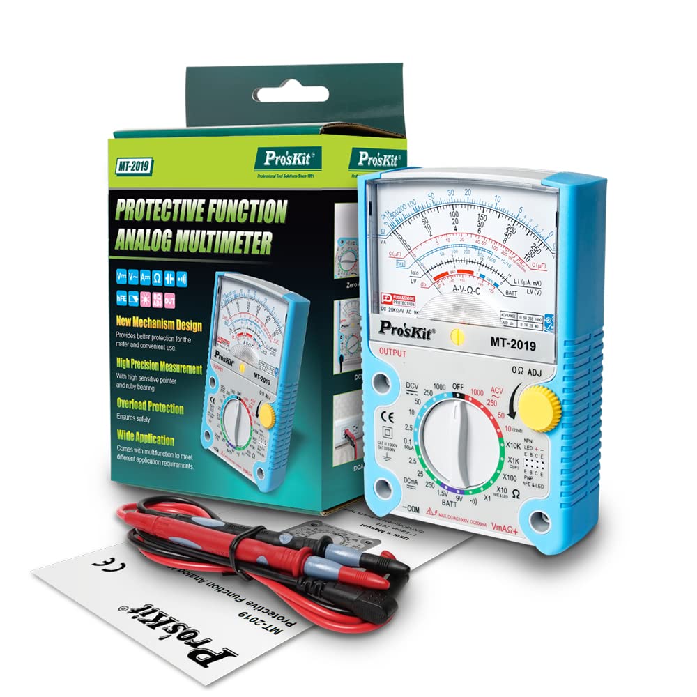 Proskit Analog Multimeter MT2019 - shown with its blue casing, a central dial, a needle display, a box, and red and black test leads on a white background.