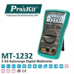 Proskit Autorange Digital Multimeter Mt 1232 For AC DC Voltage Current Resistance Temperature Measurement Tester - a teal and black handheld device with a central rotary dial, input ports, and an LCD screen displaying 3999.