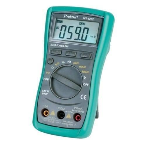 Proskit Autorange Digital Multimeter Mt 1232 For AC DC Voltage Current Resistance Temperature Measurement Tester - in a teal casing with a central rotary dial, three input ports, and a digital display showing 059.0 mV.
