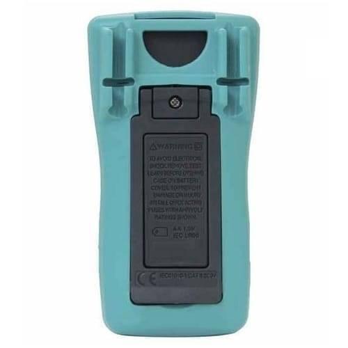 Proskit Autorange Digital Multimeter Mt 1232 For AC DC Voltage Current Resistance Temperature Measurement Tester - rear view showing the teal-colored casing, a central battery compartment cover, and two probe storage slots.