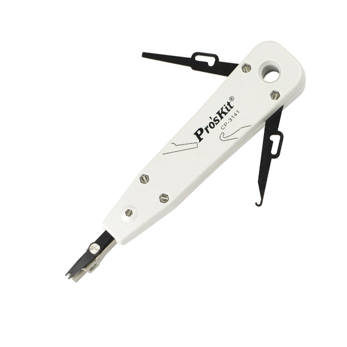 Proskit CP3141 Impact Terminal Tool For Krone FS - a white handheld tool with a metal punch-down tip and two black folding accessories extended.