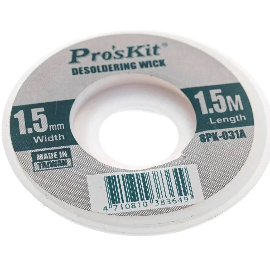 Proskit Desoldering Wire For Width 1.5mm 8PK031C 1.5m Solder Wick - a round white spool of solder wire with a label showing 1.5mm width, 1.5m length, model 8PK-031A, and a barcode.