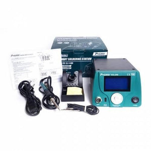 Proskit LCD Soldering Station Ss-256 - including the green control unit with LCD, soldering iron, stand, power cable, and manual in its product box.