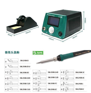 Proskit LCD Soldering Station Ss-256 - with a green base unit, digital display, control knob, power switch, soldering iron, stand, and tip options chart.