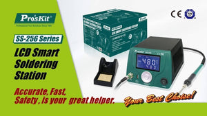 Proskit LCD Soldering Station Ss-256 - with a green and black unit showing 480°C on its display, a soldering iron, a stand, and the product box.