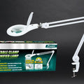 Proskit MA 1209 Clip-on 5D Magnifying Glass LED Light - Perfect for Tool Repair and Detailed Work - table clamp magnifier lamp shown with its white adjustable arm and its product packaging box displaying features and specifications.