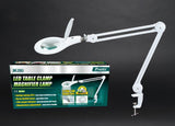 Proskit MA 1209 Clip-on 5D Magnifying Glass LED Light - Perfect for Tool Repair and Detailed Work - table clamp magnifier lamp shown with its white adjustable arm and its product packaging box displaying features and specifications.