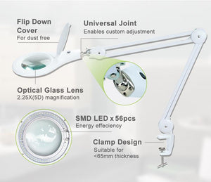 Proskit MA 1209 Clip-on 5D Magnifying Glass LED Light - Perfect for Tool Repair and Detailed Work - a white adjustable lamp with a clamp, flip-down cover, and circular LED ring light.