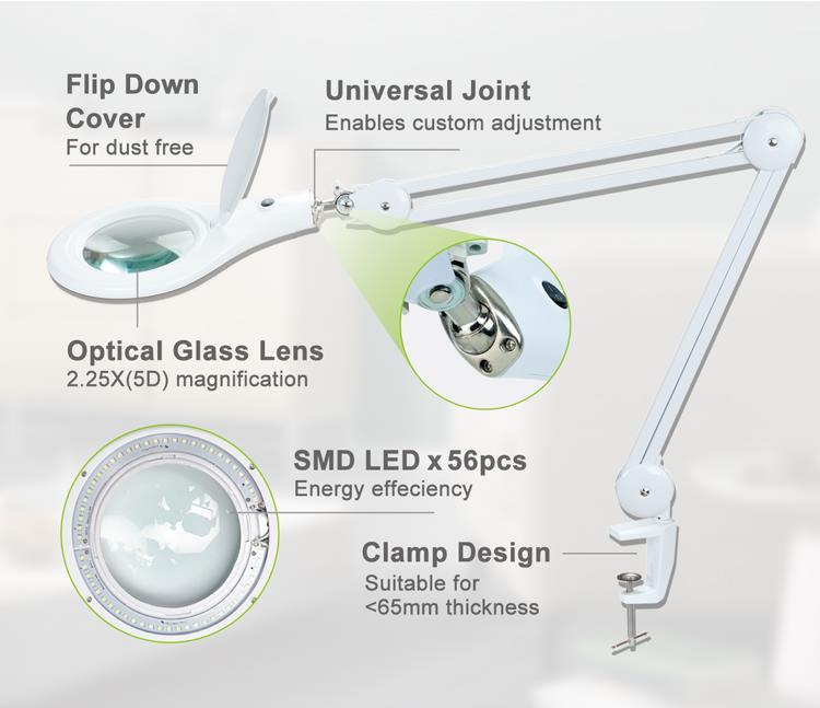 Proskit MA 1209 Clip-on 5D Magnifying Glass LED Light - Perfect for Tool Repair and Detailed Work - a white adjustable lamp with a clamp, flip-down cover, and circular LED ring light.