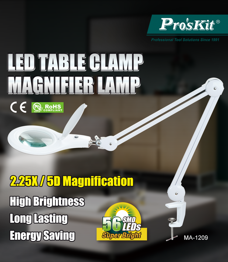Proskit MA 1209 Clip-on 5D Magnifying Glass LED Light - Perfect for Tool Repair and Detailed Work - table clamp magnifier lamp, a white adjustable arm lamp with a circular magnifying lens and a screw-style table clamp.