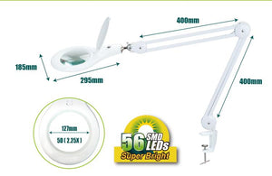 Proskit MA 1209 Clip-on 5D Magnifying Glass LED Light - Perfect for Tool Repair and Detailed Work - a white adjustable desk lamp with dimensions and a close-up of the 127mm lens.