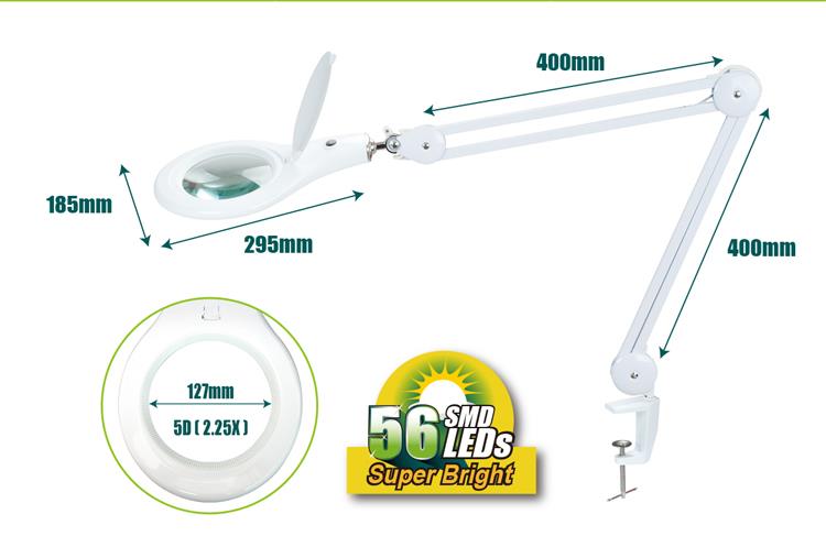 Proskit MA 1209 Clip-on 5D Magnifying Glass LED Light - Perfect for Tool Repair and Detailed Work - a white adjustable desk lamp with dimensions and a close-up of the 127mm lens.