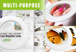 Proskit MA 1209 Clip-on 5D Magnifying Glass LED Light - Perfect for Tool Repair and Detailed Work - shown in a collage featuring the white circular lamp over a catalog, fingernails, and a butterfly.