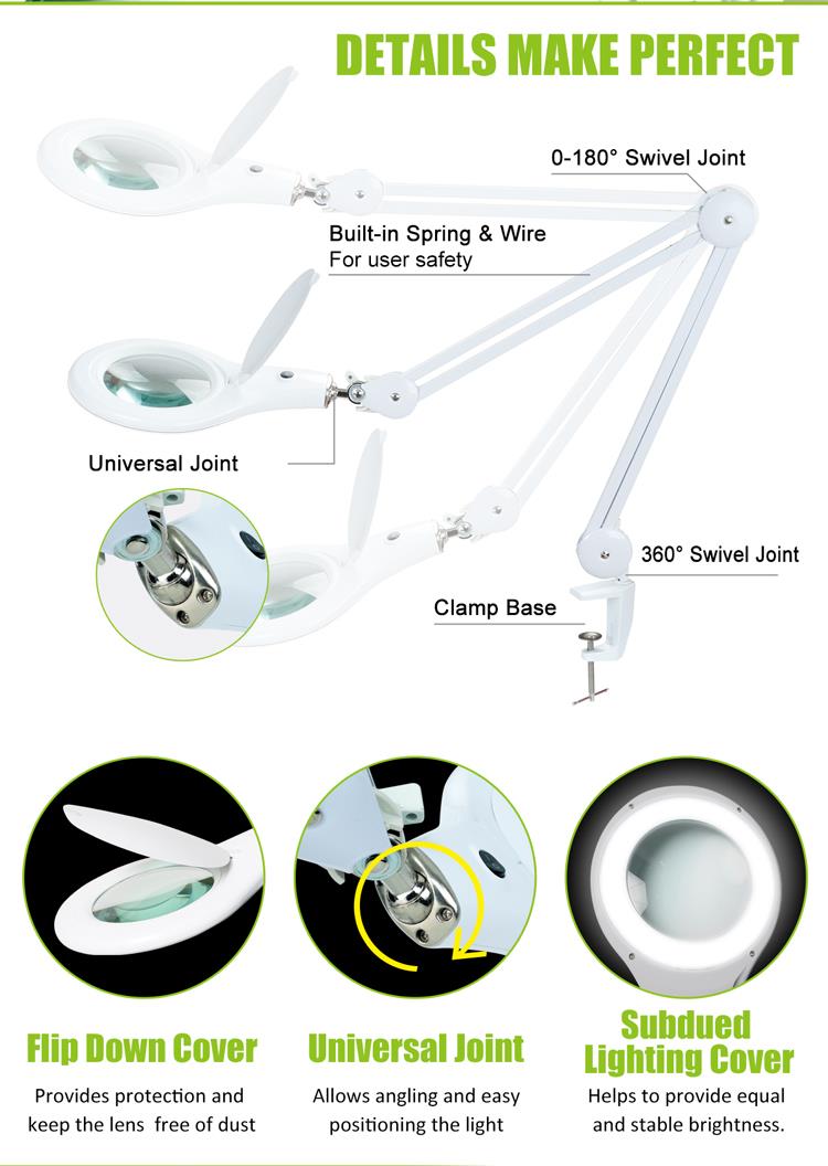 Proskit MA 1209 Clip-on 5D Magnifying Glass LED Light - Perfect for Tool Repair and Detailed Work - diagrams of its swivel joints, clamp base, flip-down cover, and universal joint features.