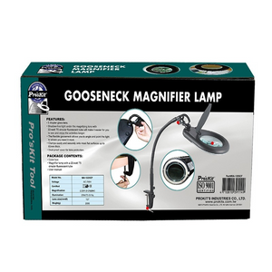 Proskit MA-1225 360° Magnifying Glass Desk Lamp Tool Repair Welding Reading 22W T5 Round Fluorescent Lamp Without Shadow - Proskit MA-1225CF gooseneck magnifying lamp packaging box showing the product, a clamp mount, and a table with technical specifications.