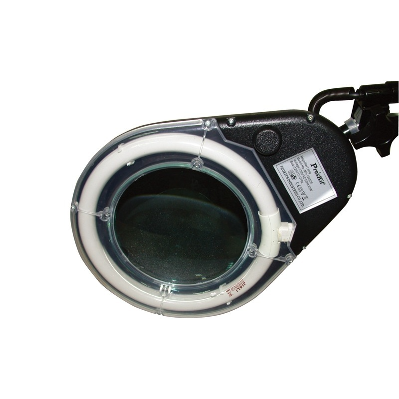 Proskit MA-1225 360° Magnifying Glass Desk Lamp Tool Repair Welding Reading 22W T5 Round Fluorescent Lamp Without Shadow - a black circular magnifying glass with a white fluorescent ring light and a specification label on the housing.