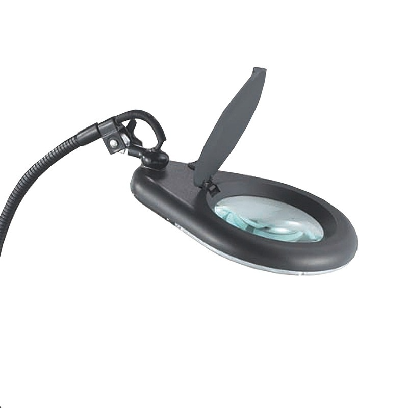 Proskit MA-1225 360° Magnifying Glass Desk Lamp Tool Repair Welding Reading 22W T5 Round Fluorescent Lamp Without Shadow - the black circular lens head with an open protective cover attached to a flexible black neck.