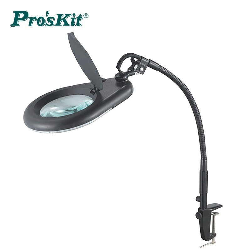 Proskit MA-1225 360° Magnifying Glass Desk Lamp Tool Repair Welding Reading 22W T5 Round Fluorescent Lamp Without Shadow - a black circular light head with a flip-up cover, a flexible gooseneck arm, and a desk-mount clamp base.