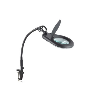 Proskit MA-1225 360° Magnifying Glass Desk Lamp Tool Repair Welding Reading 22W T5 Round Fluorescent Lamp Without Shadow - black flexible neck, a round magnifying lens with an open cover, and a metal table clamp base.