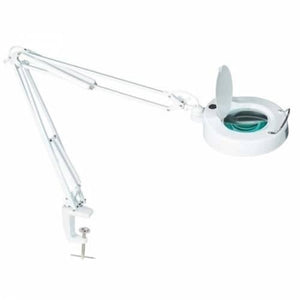 Proskit Magnifier Workbench Lamp 220V MA-1205CB - a white adjustable desk lamp with a magnifying lens, a protective cover, and a mounting clamp.