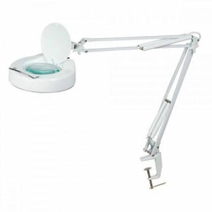 Proskit Magnifier Workbench Lamp 220V MA-1205CB - a white adjustable desk lamp with a magnifying lens, a protective cover, and a table mounting clamp.