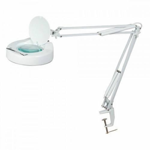 Proskit Magnifier Workbench Lamp 220V MA-1205CB - a white adjustable desk lamp with a magnifying lens, a protective cover, and a table mounting clamp.