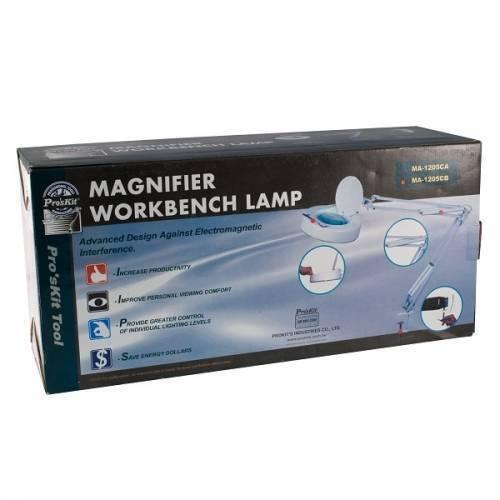Proskit Magnifier Workbench Lamp 220V MA-1205CB - shown in its rectangular retail packaging box with product illustrations and text printed on the front.
