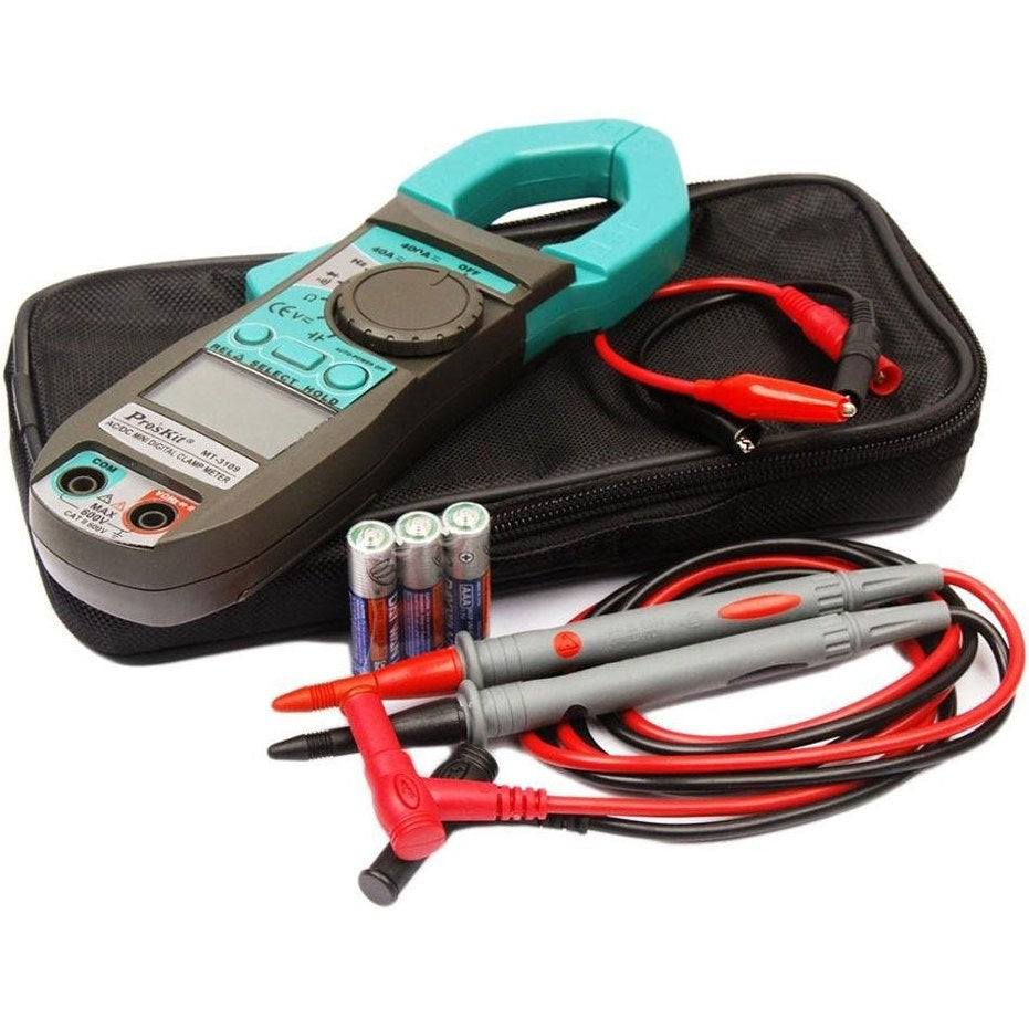 ProsKit MT-3109 AC True RMS DC Current Digital Clamp Meter Multimeter Current Frequency Capacitance Test Meter Electrician Hand Tools - with a grey body and teal clamp, shown with test leads, alligator clips, three AAA batteries, and a black storage case.
