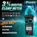 Proskit MT-3209 3-5/6 AC/DC Digital Clamp Meter, LED Lighting, LCD Digital Display, Sound and Light Buzzer, Electric Maintenance - shown on a tech-themed background with a rotary dial, function buttons, and an LCD screen displaying 5999.