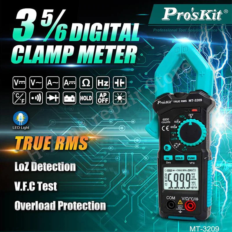 Proskit MT-3209 3-5/6 AC/DC Digital Clamp Meter, LED Lighting, LCD Digital Display, Sound and Light Buzzer, Electric Maintenance - shown on a tech-themed background with a rotary dial, function buttons, and an LCD screen displaying 5999.