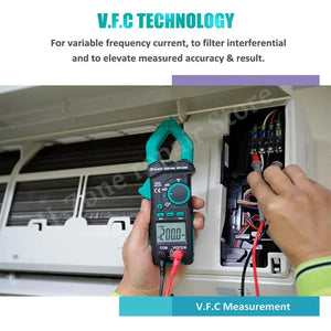 Proskit MT-3209 3-5/6 AC/DC Digital Clamp Meter, LED Lighting, LCD Digital Display, Sound and Light Buzzer, Electric Maintenance - with a green and black body, LCD screen displaying 200.0, rotary dial, and red and black test leads in use.