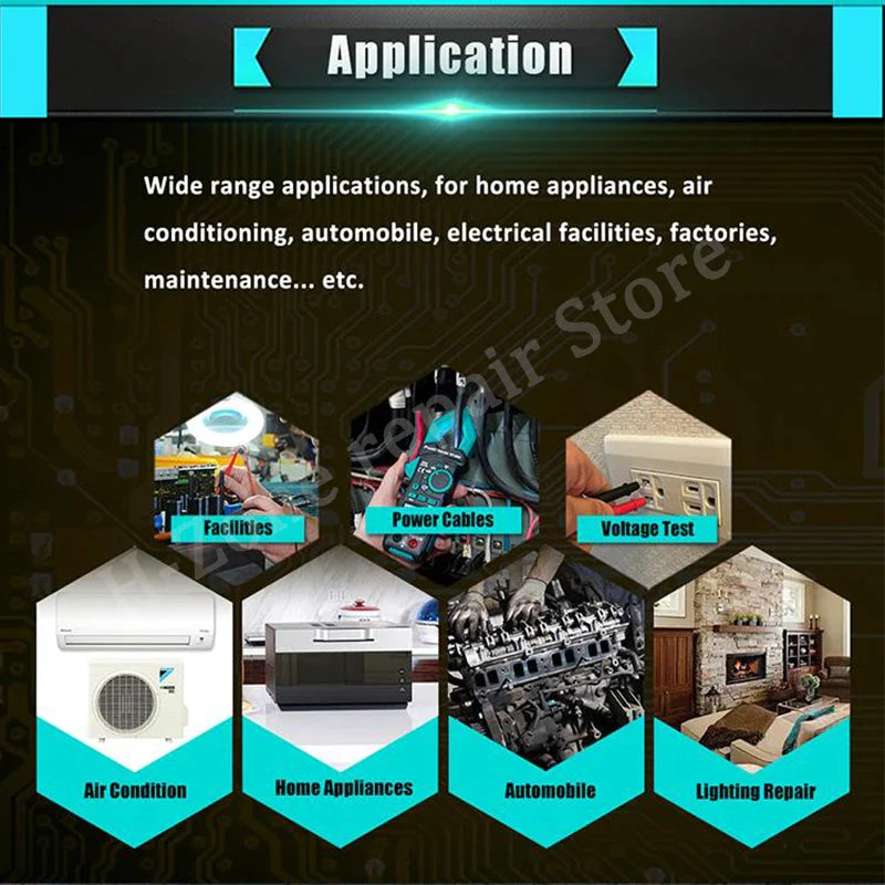 Proskit MT-3209 3-5/6 AC/DC Digital Clamp Meter, LED Lighting, LCD Digital Display, Sound and Light Buzzer, Electric Maintenance - shown in a collage of six photos illustrating its use for testing electrical facilities, power cables, and voltage.