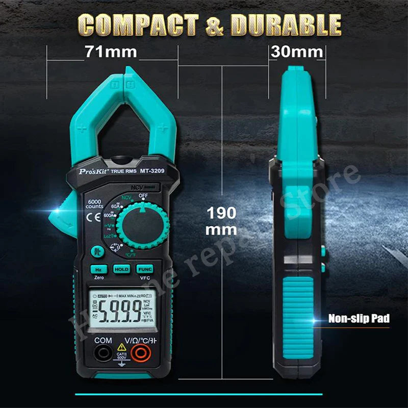 Proskit MT-3209 3-5/6 AC/DC Digital Clamp Meter, LED Lighting, LCD Digital Display, Sound and Light Buzzer, Electric Maintenance - shown from front and side views with a digital display reading 5999, a rotary dial, buttons, and input ports.