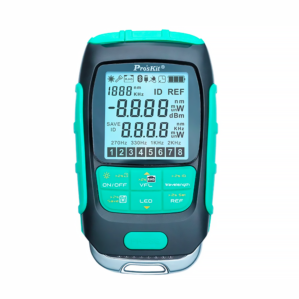 Pro'sKit MT-7616 4-in-1 fiber optical power meter front view with backlit LCD and function keypad