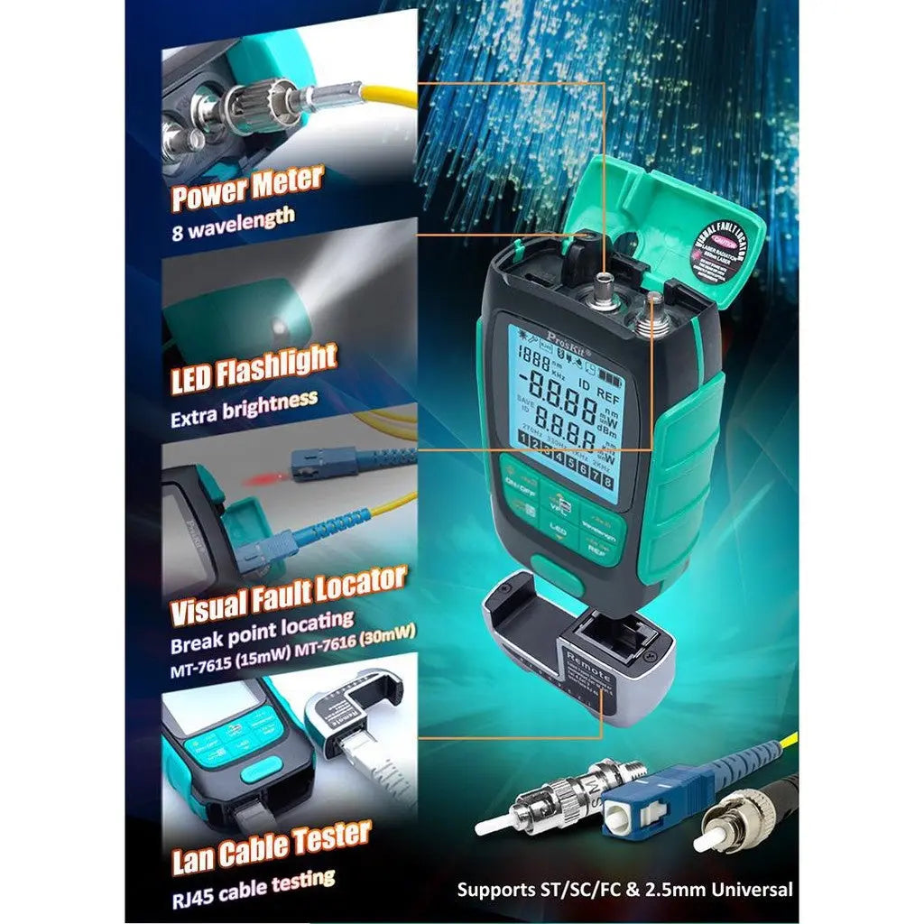 Pro'sKit MT-7616 optical power meter functions: power meter, LED flashlight, 30 mW visual fault locator and RJ45 LAN cable tester