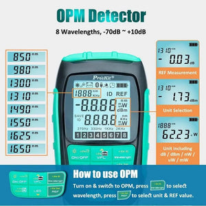 Pro'sKit MT-7616 optical power meter detector with 8 wavelengths from 850 nm to 1650 nm and -70 to +10 dB range