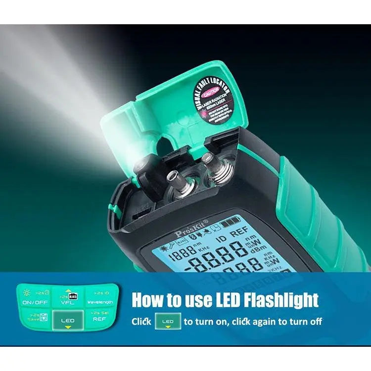 Pro'sKit MT-7616 optical power meter LED flashlight illuminating a dark fiber optic work area