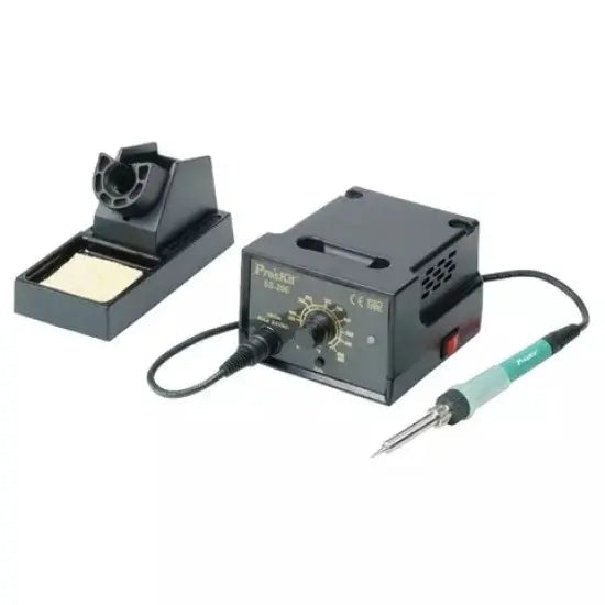 Proskit SS 206 Temperature Controlled Soldering Station - a black base unit with a rotary knob, a soldering iron, and a separate iron stand.