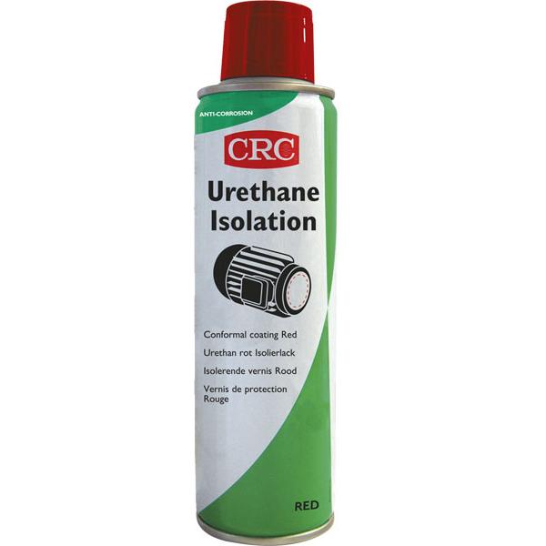 Protective Urethane Isolation Red Varnish 250ML for Electronic Components CRC - and white aerosol spray can with a red cap, featuring a motor icon and CRC branding.