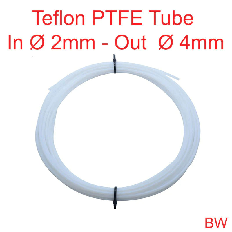 PTFE Teflon Tube Outer ø 4mm Inner ø 2mm Per Meter - shown as a coiled length of white, hollow plastic tubing secured with two black zip ties against a white background.
