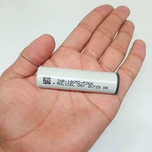 Pull-out High Quality 18650 3.7V 2600mAh Molicel Cell Battery - shown as a single grey cylindrical cell held in a palm with printed text including INR-18650-P26A.