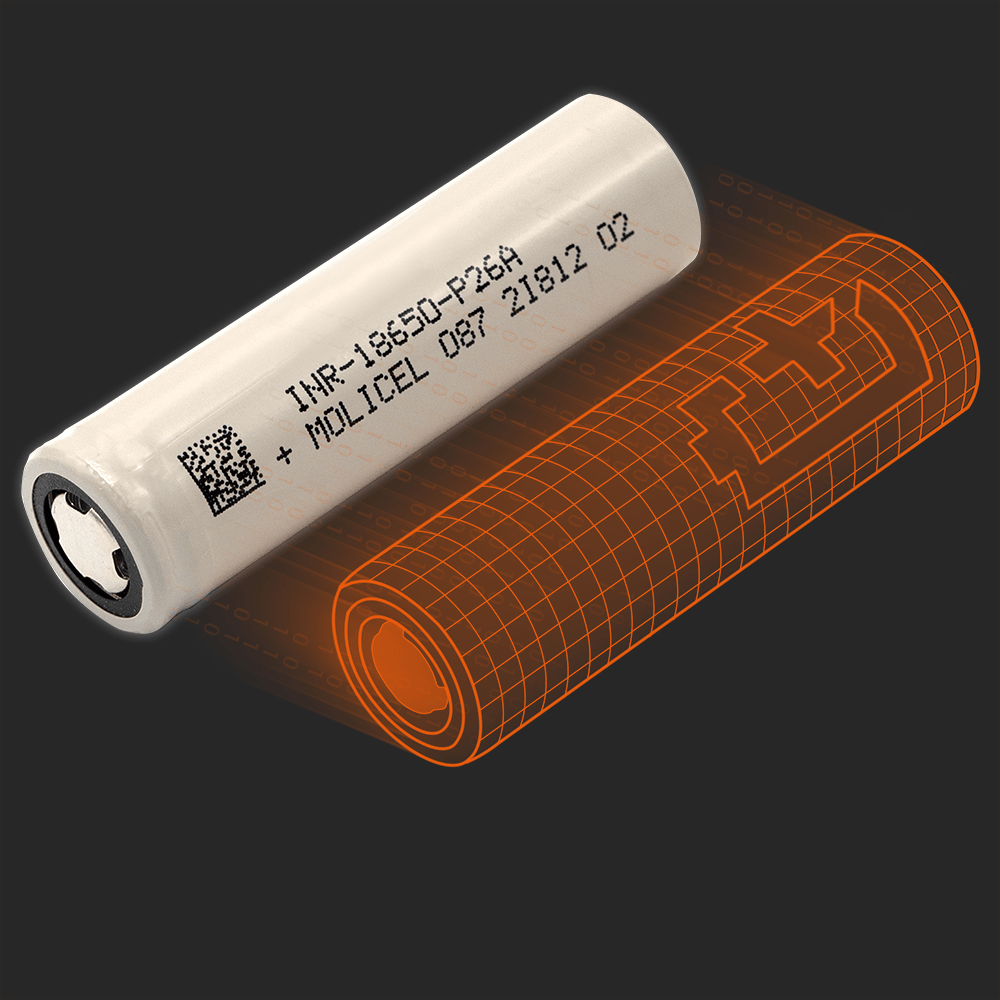Pull-out High Quality 18650 3.7V 2600mAh Molicel Cell Battery - shown as a physical white cylindrical cell next to an orange digital wireframe projection of the same battery.