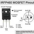 Pull Out IRFP460 Power MOSFET - a black TO-247 package with three metal pins and a schematic symbol for an N-channel MOSFET.