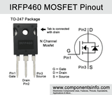Pull Out IRFP460 Power MOSFET - a black TO-247 package with three metal pins and a schematic symbol for an N-channel MOSFET.