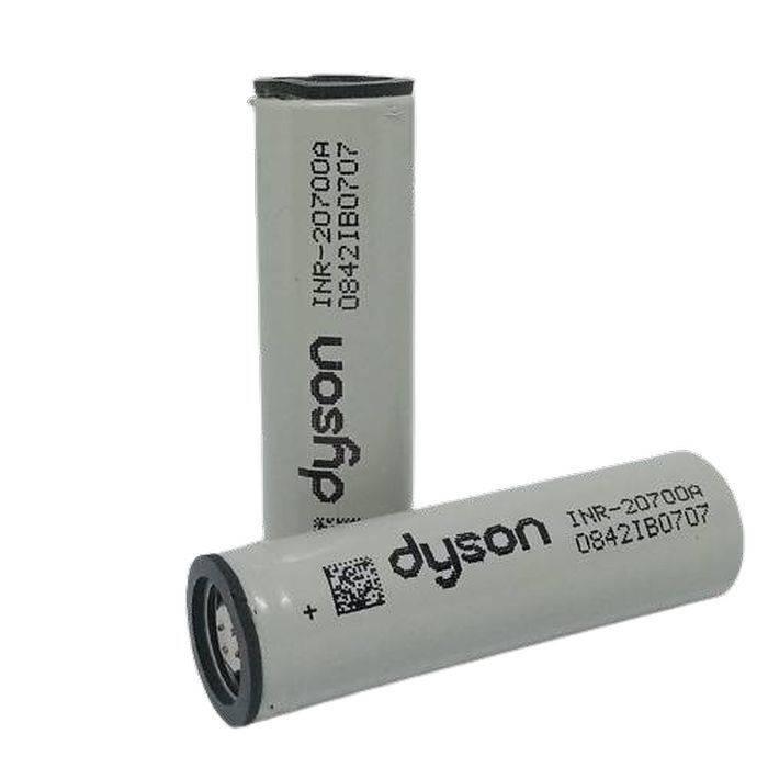 Pull-out Original Lithium Ion Cell 3.7V 3000mAh Li Ion Battery Cell INR-20700A - two grey cylindrical batteries with Dyson branding and printed text, one standing upright and one lying horizontally.