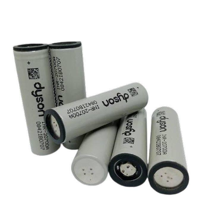 Pull-out Original Lithium Ion Cell 3.7V 3000mAh Li Ion Battery Cell INR-20700A - a group of six grey cylindrical battery cells with Dyson branding and model text printed on the sides.