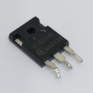 Pullout K75EEH5 IGBT Transistor 75A 600V 250WK75EEH5 IGBT Transistor 75A 600V - a black, three-terminal electronic component with K75EEH5 and HAB930 printed on its surface, shown from an angled perspective.