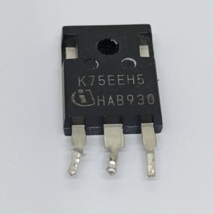 Pullout K75EEH5 IGBT Transistor 75A 600V 250WK75EEH5 IGBT Transistor 75A 600V - a black three-pin electronic component with the text "K75EEH5" and "HAB930" printed on its front surface.