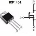 Pullout MOSFET IRF1404 Irf 1404 - a black TO-220 package with three metal pins and a circuit diagram of the component with Gate, Drain, and Source terminals.