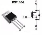 Pullout MOSFET IRF1404 Irf 1404 - a black TO-220 package with three metal pins and a circuit diagram of the component with Gate, Drain, and Source terminals.